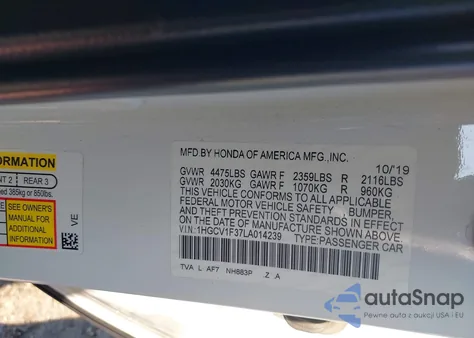 2020 Honda Accord Sport from USA, damaged, VIN 1HGCV1F37LA014239